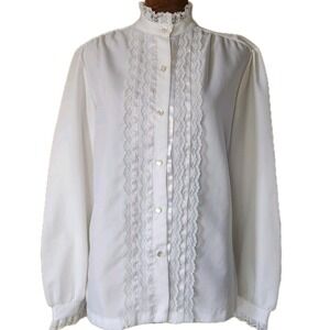 Vintage Rhoda Lee Blouse High Neck Lace Trim Victorian Style White L Union Made